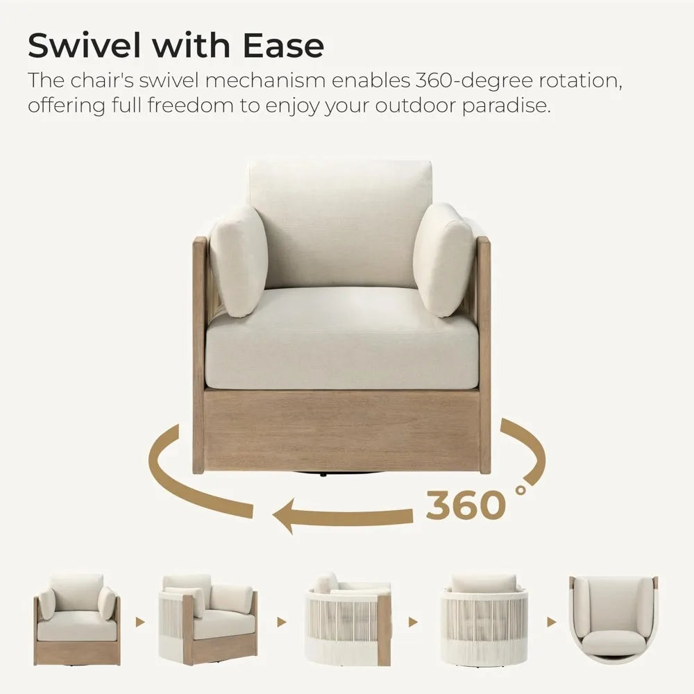 Boho Patio Rattan 360 Degree Swivel Chair Outdoor Wicker Furniture with Thickened Cushions and Arm Pillows Acacia Wood Frame