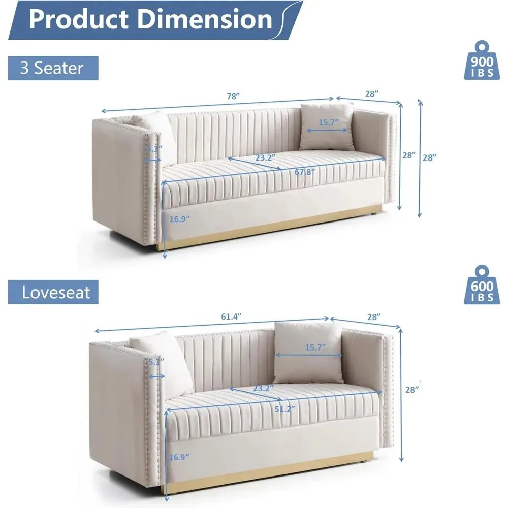 Luxury Velvet Sofa Set for Living Room with Nailhead Gold Metal Legs and Four Pillows