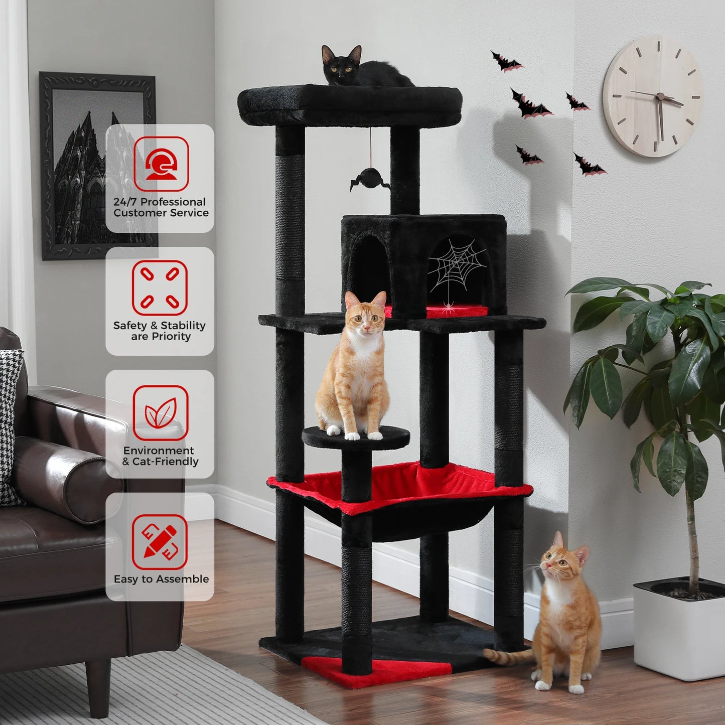 Environment and Cat Friendly Gothic Cat Tree for 2 to 3 Cats with Large Hammock, Sisal Scratch Posts, Cozy Condo and Top Perch