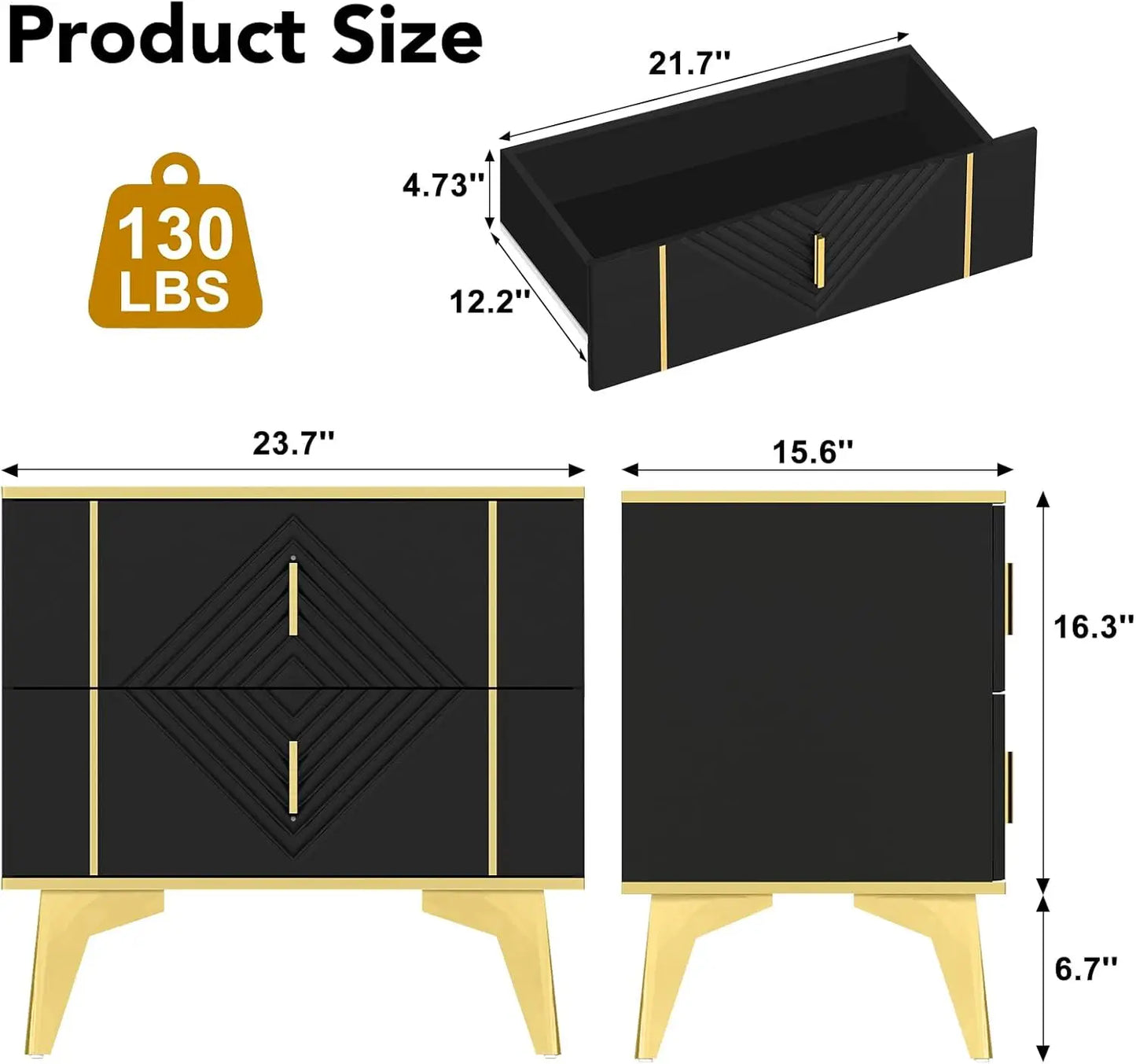Nightstands Set of 2 Light Luxury Bedside Table with 2 Wood Drawers End Tables with Metal Handles and Metal Legs for Bedroom