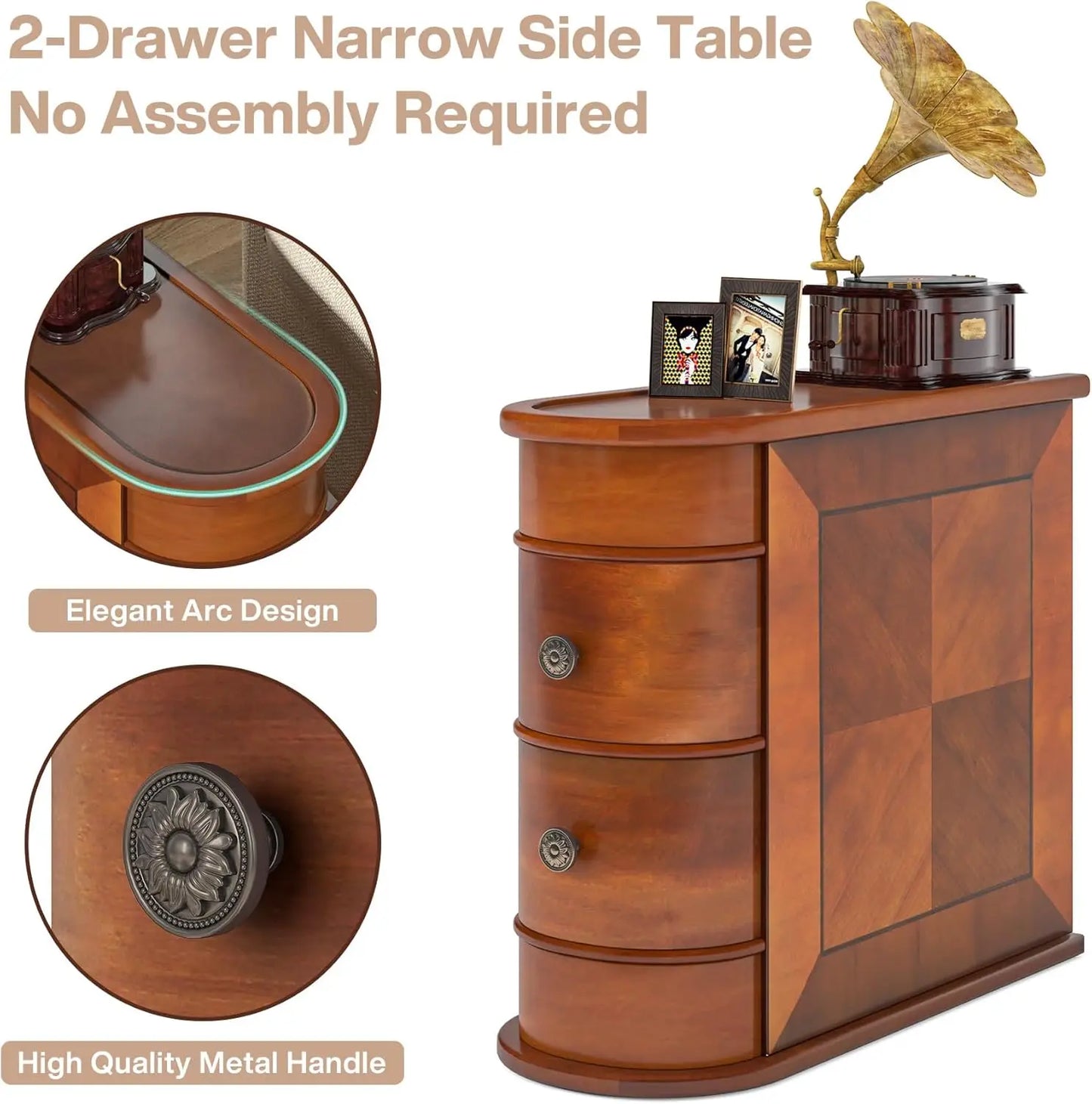 Wood End Table Set of 2 Narrow Solid Side Table 2 Drawer Slim Chair Side Table No Assembly Required Finished Back Walnut