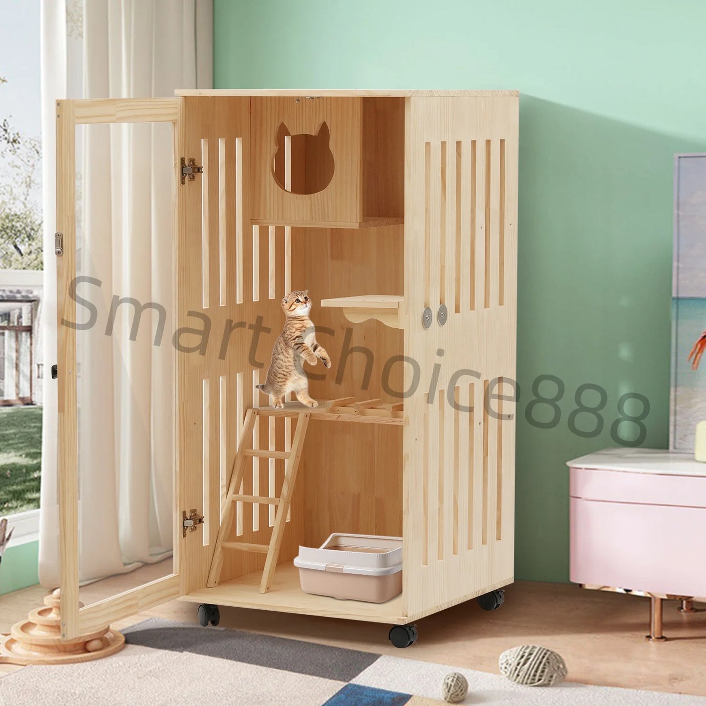 Large Wooden Cat House Luxury Multi-Feature Cat Condo Cat Condo House with Posts Oversized Cat Villa on Wheels