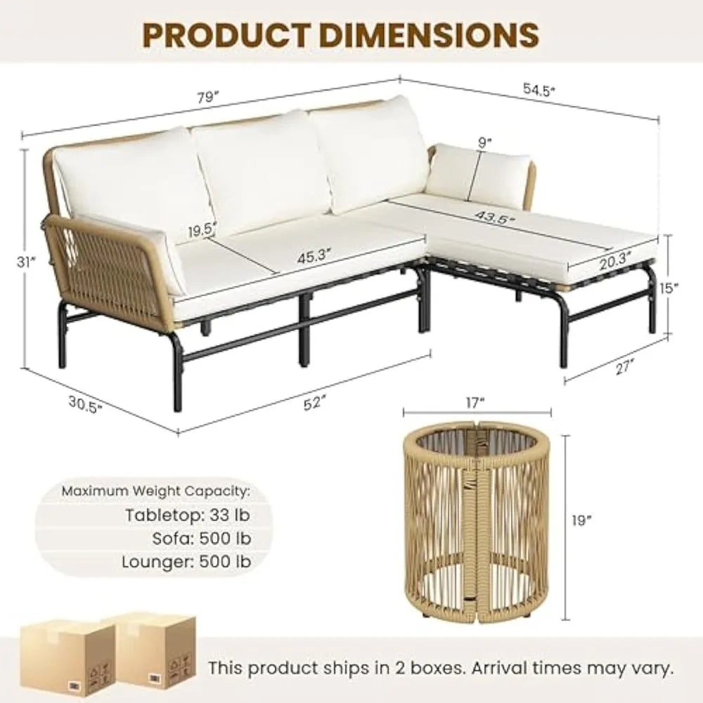 3 Pieces L Shaped Conversation Sofa Set Outdoor Patio Furniture Set with Detachable Lounger Thick Cushions Glass Side Table