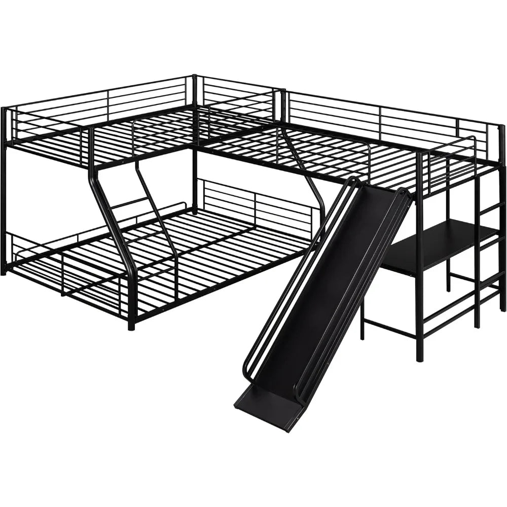 SOFTSEA Twin Over Full Bunk Bed with Twin Loft Bed, Heavy Duty L-Shaped Triple Metal Bunk Bed Frame with Desk and Slide for 3 Pe