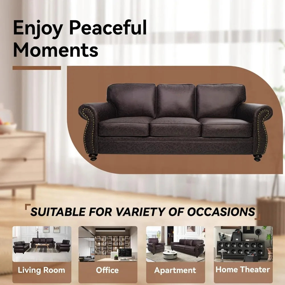 Rivet Couch Living Room Sets Mid Century Couch Solid Wooden Frame Vintage Couches Brown Loveseat and 3 Seater