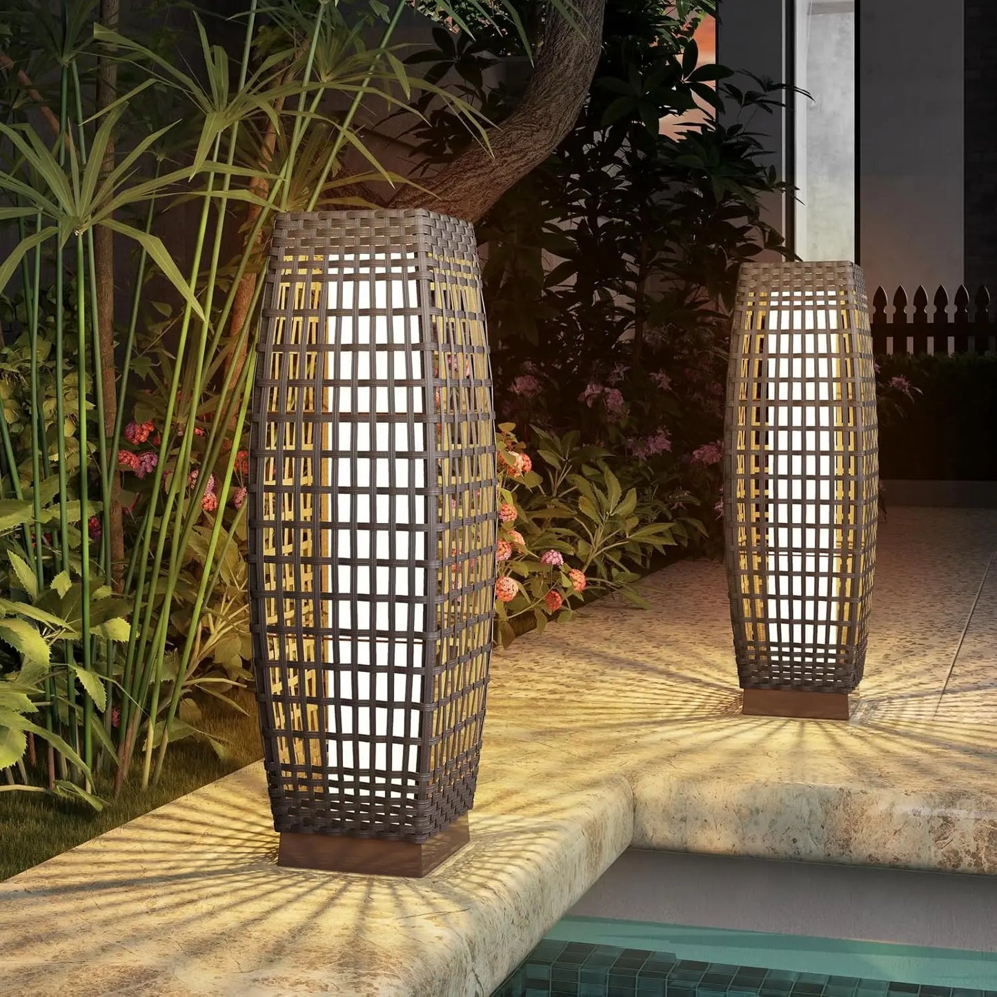 Medium Cindy Outdoor Solar Powered Woven Wicker Lantern Floor Lamp Decoration for Deck Garden Lawn Porch
