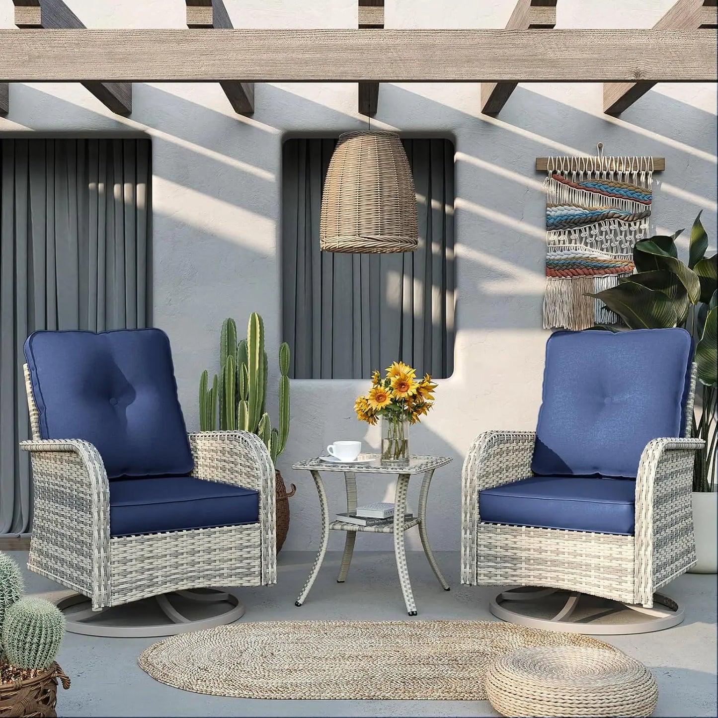 Patio Rocking Swivel Chair Outdoor Wicker Rattan Bistro Set with Tempered Glass Side Table Garden Furniture