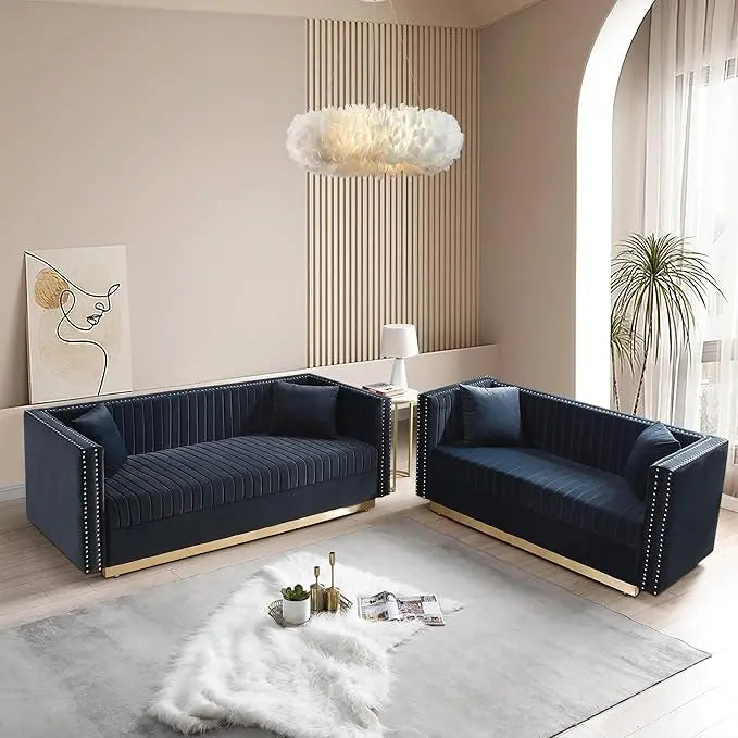 Luxury Velvet Sofa Set for Living Room with Nailhead Gold Metal Legs and Four Pillows