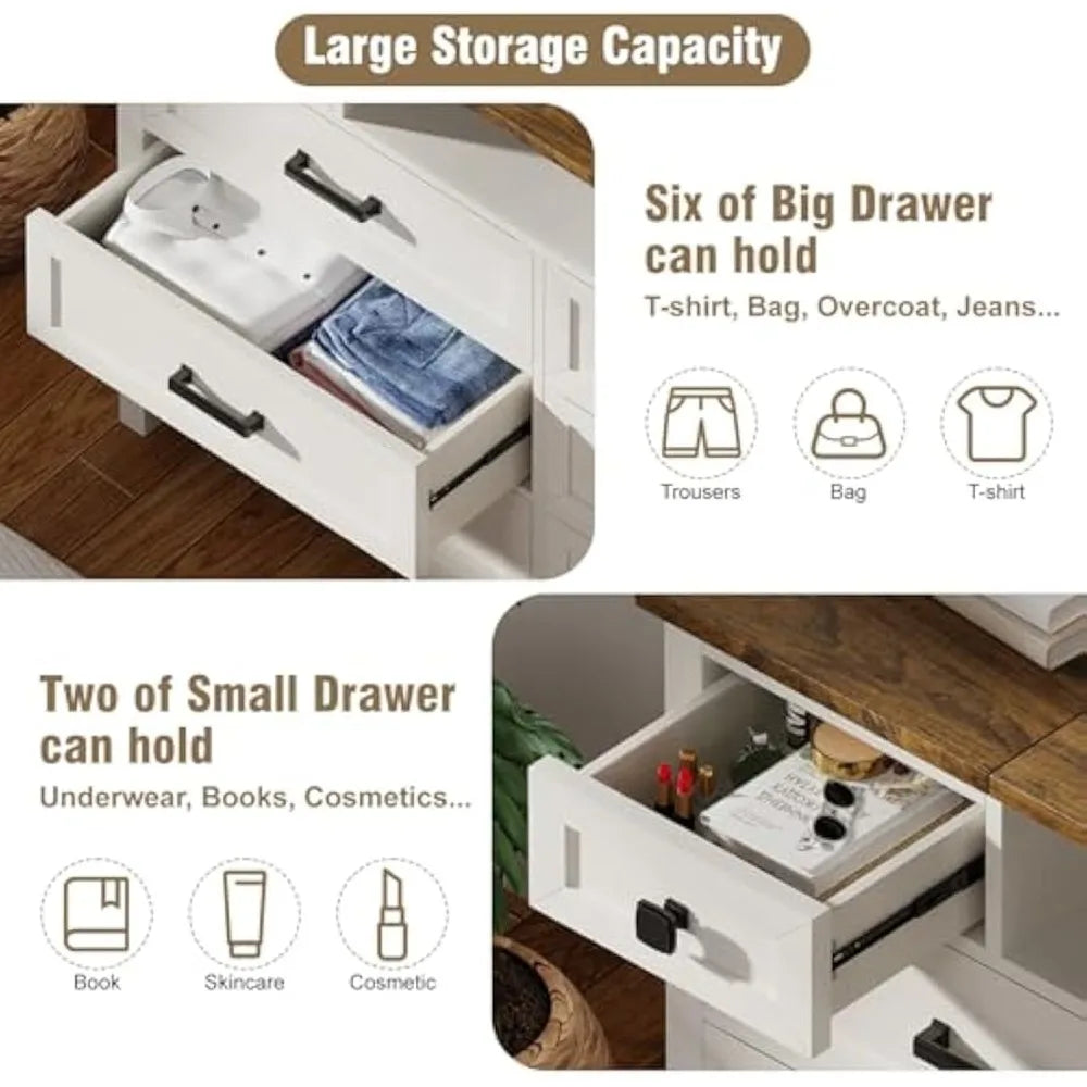 Chest of Drawers for Bedroom 8 Drawer Dresser with Mirror and Charging Station White Farmhouse Makeup Vanity for Kids Room