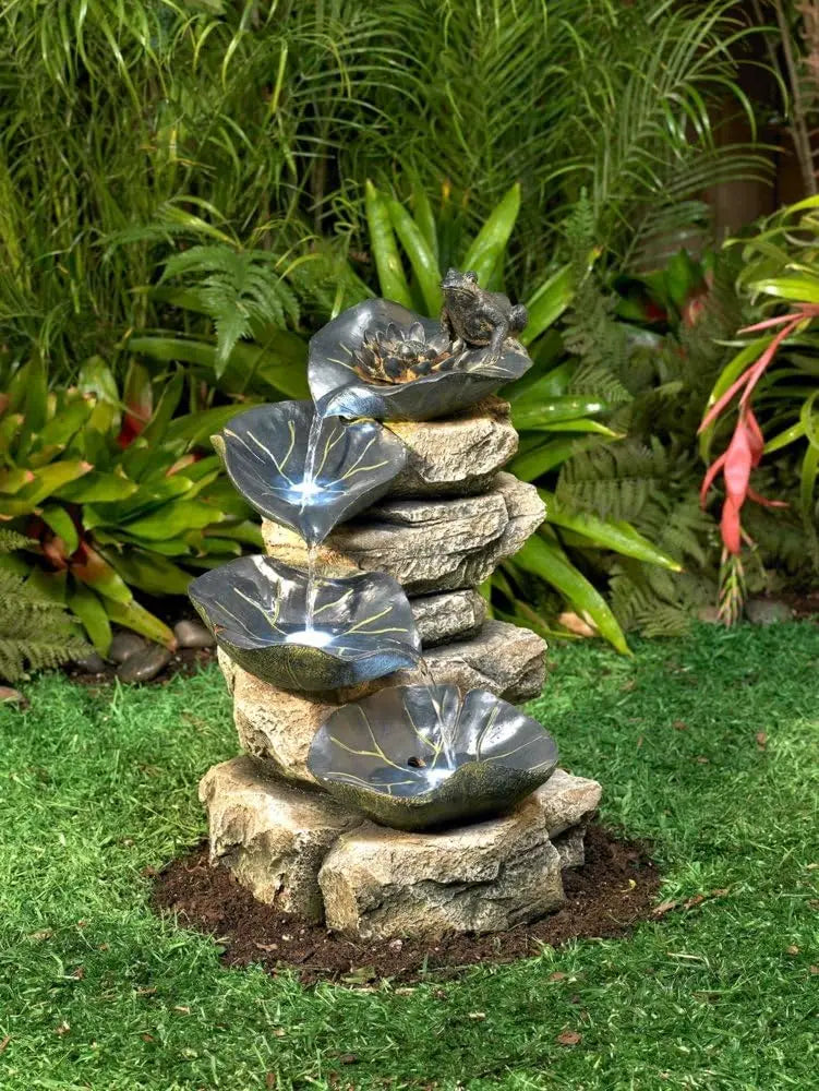 Frog And Four Lily Pad Rustic Outdoor Floor Water Fountain 21 Inch High With LED Light Stacked Rock Cascading Decor For Garden Patio