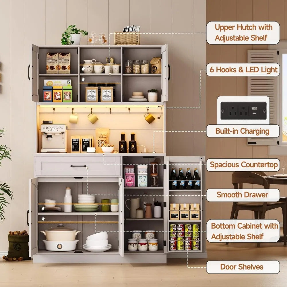 71 Inch Pantry Cabinet Kitchen Storage Cabinet with LED Light and Outlet Microwave Shelf and 6 Hooks