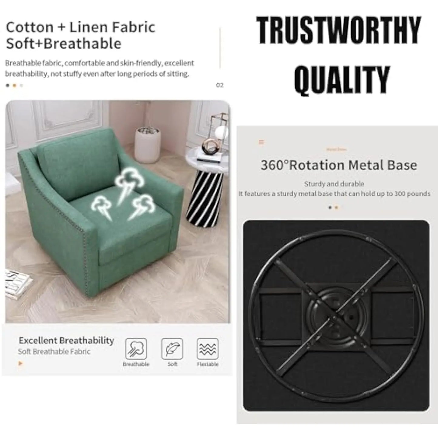 Swivel Barrel Chair, Modern Linen Boucle Swivel Accent Chair with Comfy Back Pillow, Oversized Swivel Upholstered Reading Loung