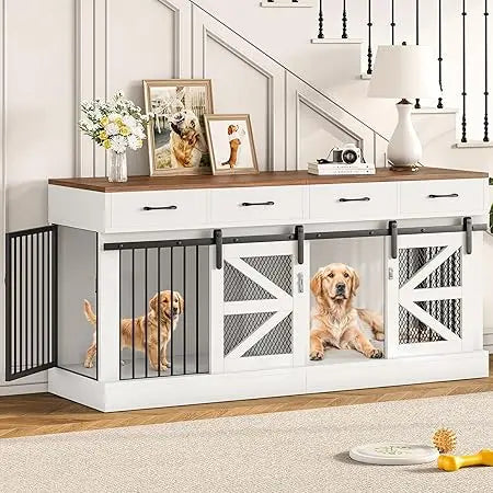 Luck Large Dog Crate Furniture 47.2 Inch Dog Kennel Indoor with 3 Storage Drawers and Hidden Feeding Bowl Sturdy Wooden Dog Crate