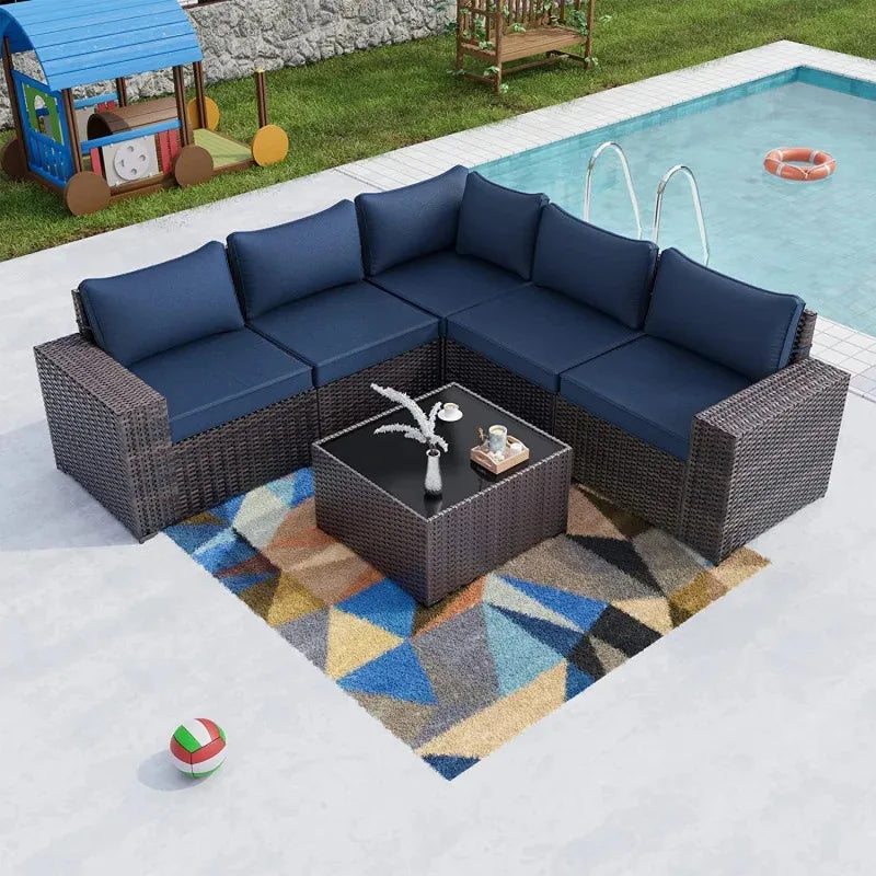 QWQkulavik 6 Piece Outdoor Furniture Set PE Wicker Rattan Sectional Sofa Patio Conversation Sets Navy Blue