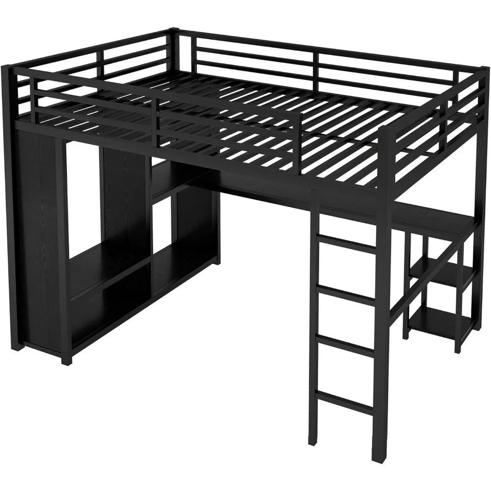 Queen Loft Bed with Desk and Storage Shelves, Queen Loft Bed with Wardrobe, Hanging Rod, Guardrail and Ladder, Balck