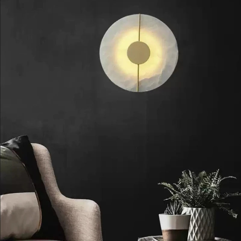 Modern Creative Marble Wall Lamp Alabaster Moon Gold Copper Indoor Decoration LED Sconce Round Design for Living Room Bedroom Foyer Study