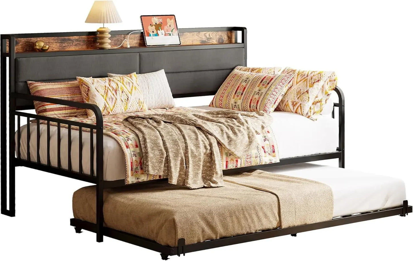 Daybed With Trundle Sturdy Metal Twin Bed Frame Upholstered Headboard Charging Station For Living Room Bedroom