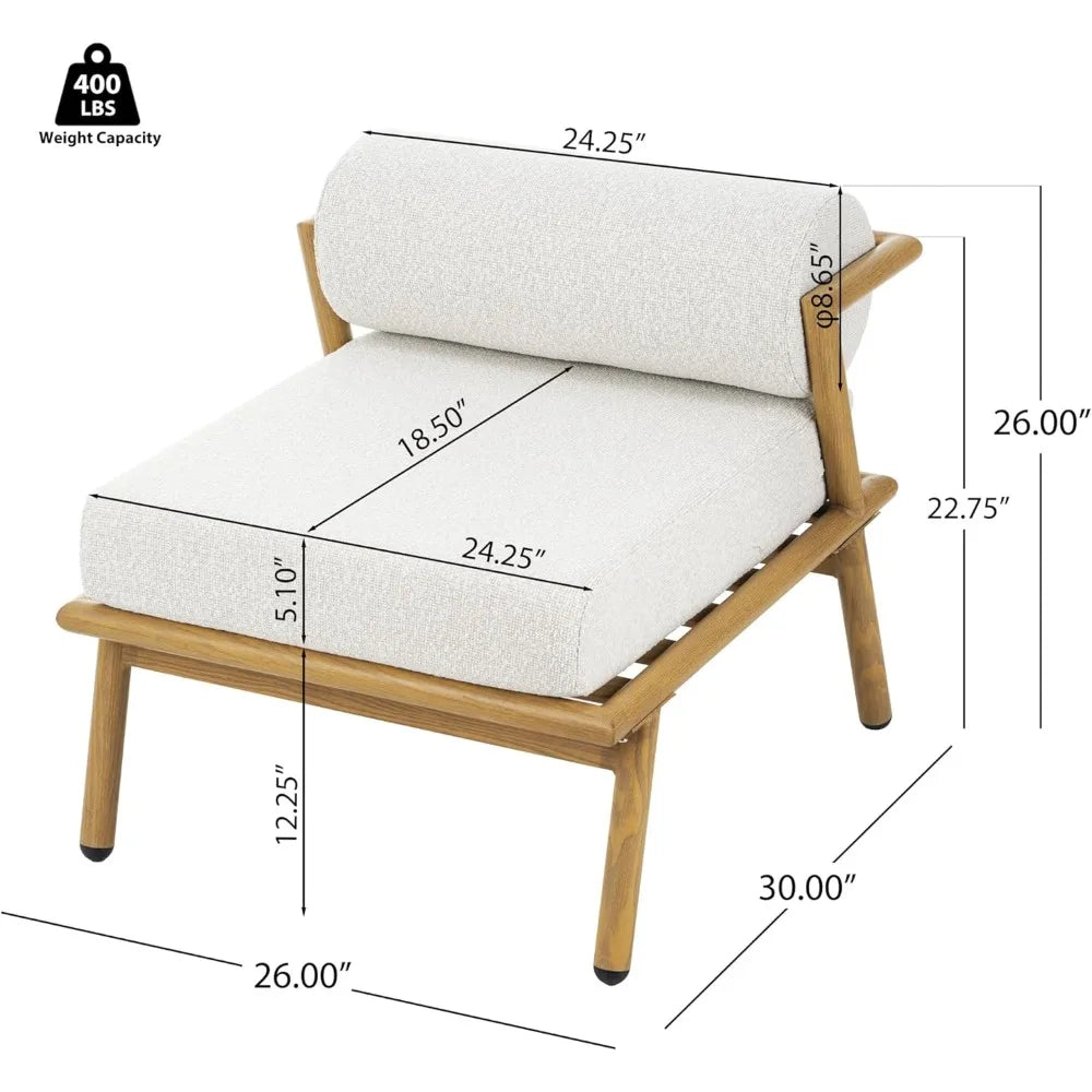 Outdoor Upholstered Lounge Chair Patio Teak Finished Iron Club Chair with Beige Cushion Stylish Comfortable Accent Chair