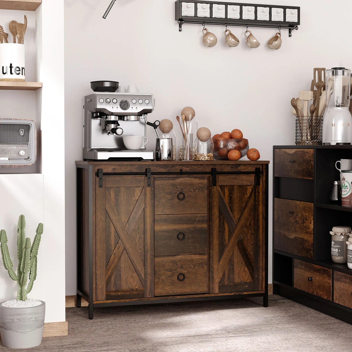 Industrial Farmhouse Kitchen Sideboard Buffet Cabinet W/ Drawers, Rustic Brown
