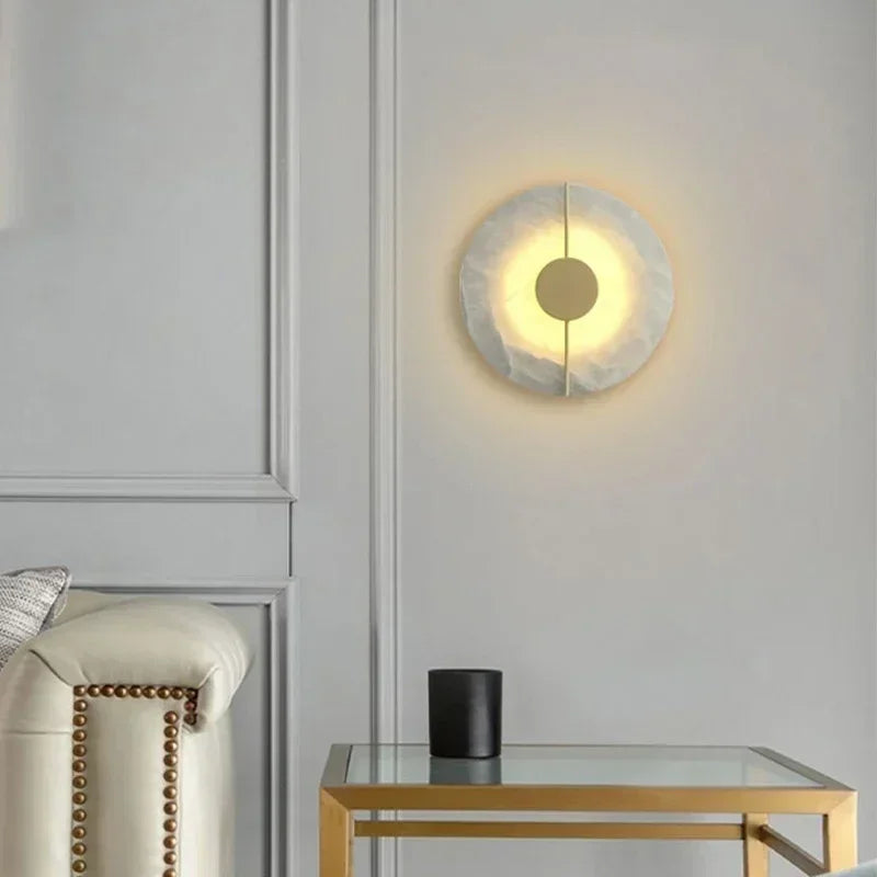Modern Creative Marble Wall Lamp Alabaster Moon Gold Copper Indoor Decoration LED Sconce Round Design for Living Room Bedroom Foyer Study