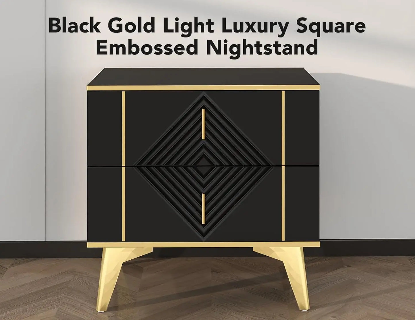 Nightstands Set of 2 Light Luxury Bedside Table with 2 Wood Drawers End Tables with Metal Handles and Metal Legs for Bedroom
