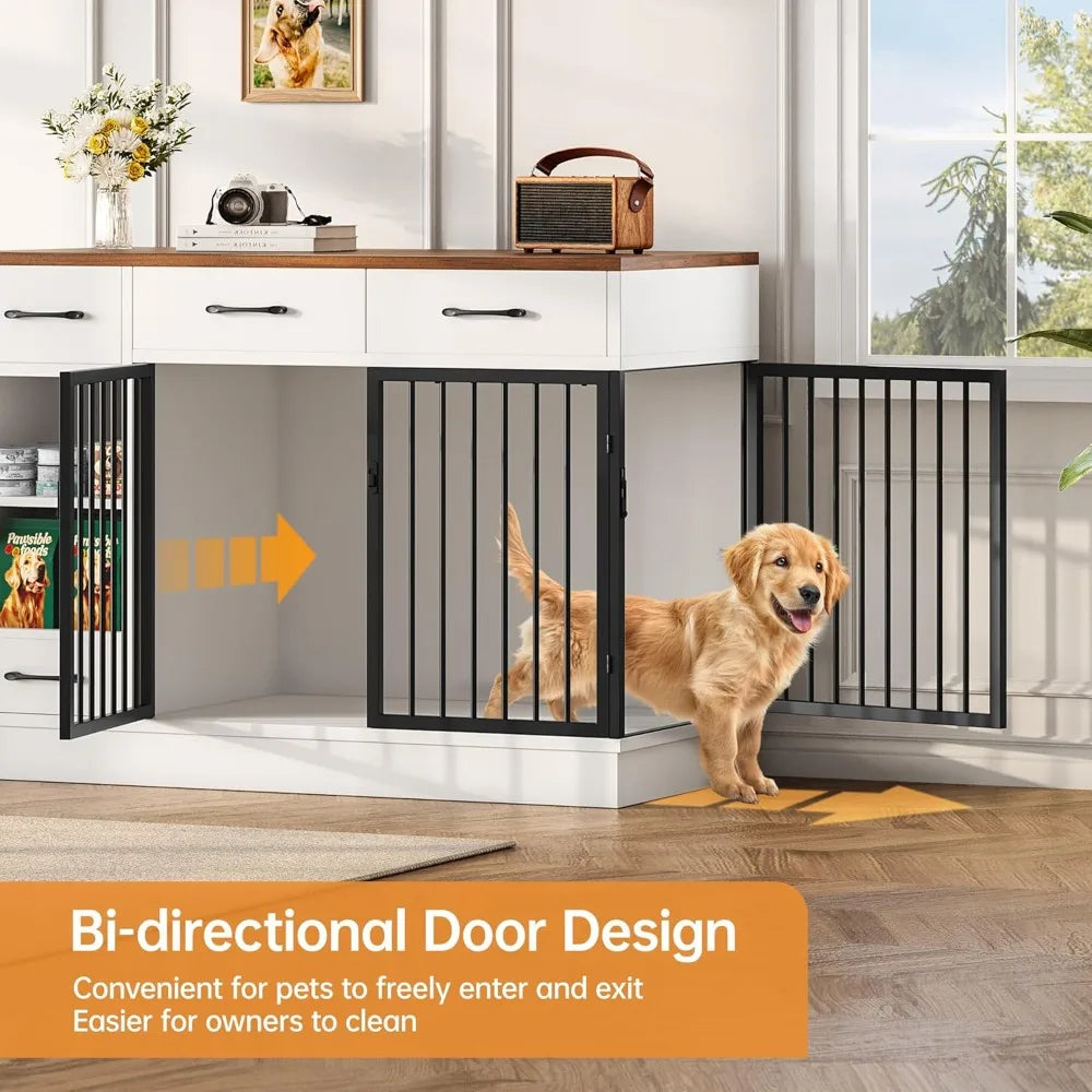 Luck Large Dog Crate Furniture 47.2 Inch Dog Kennel Indoor with 3 Storage Drawers and Hidden Feeding Bowl Sturdy Wooden Dog Crate