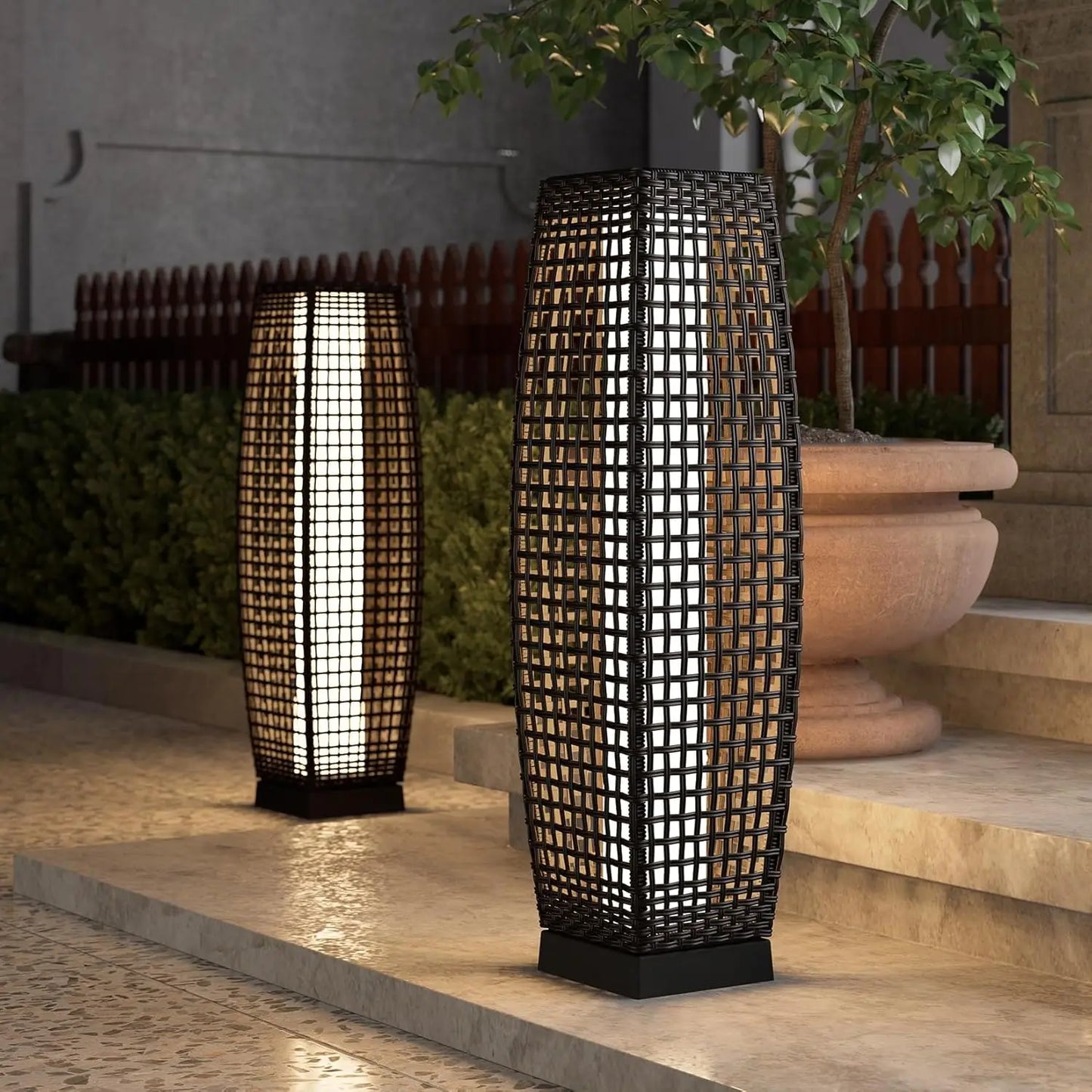 Medium Cindy Outdoor Solar Powered Woven Wicker Lantern Floor Lamp Decoration for Deck Garden Lawn Porch