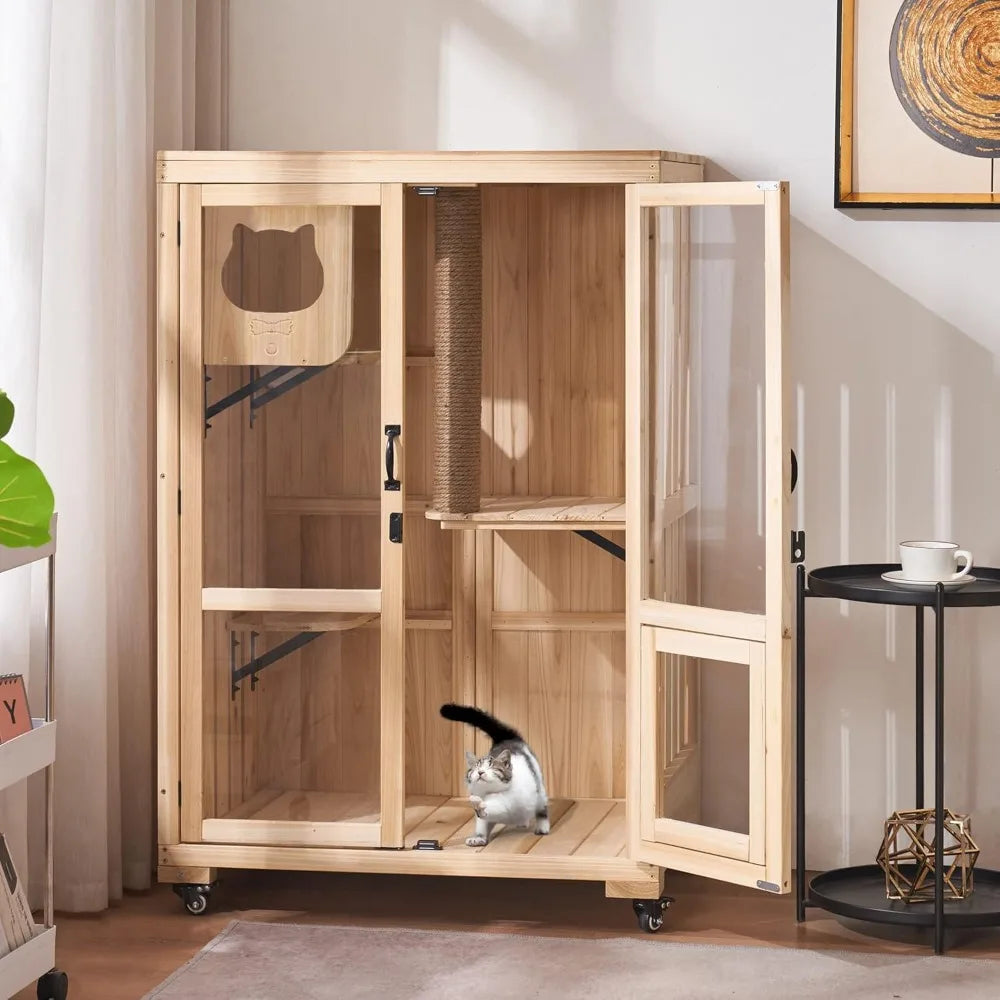 Luxury Cat House with Scratching Post Wooden Multi Feature Large Cat Condo with Escape Door and Wheels Kitten Cages with Shelves
