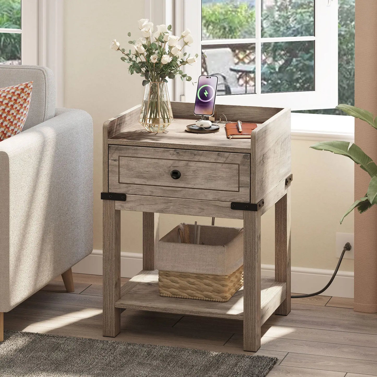 Farmhouse End Table Nightstand with Storage Shelf and Charging Station