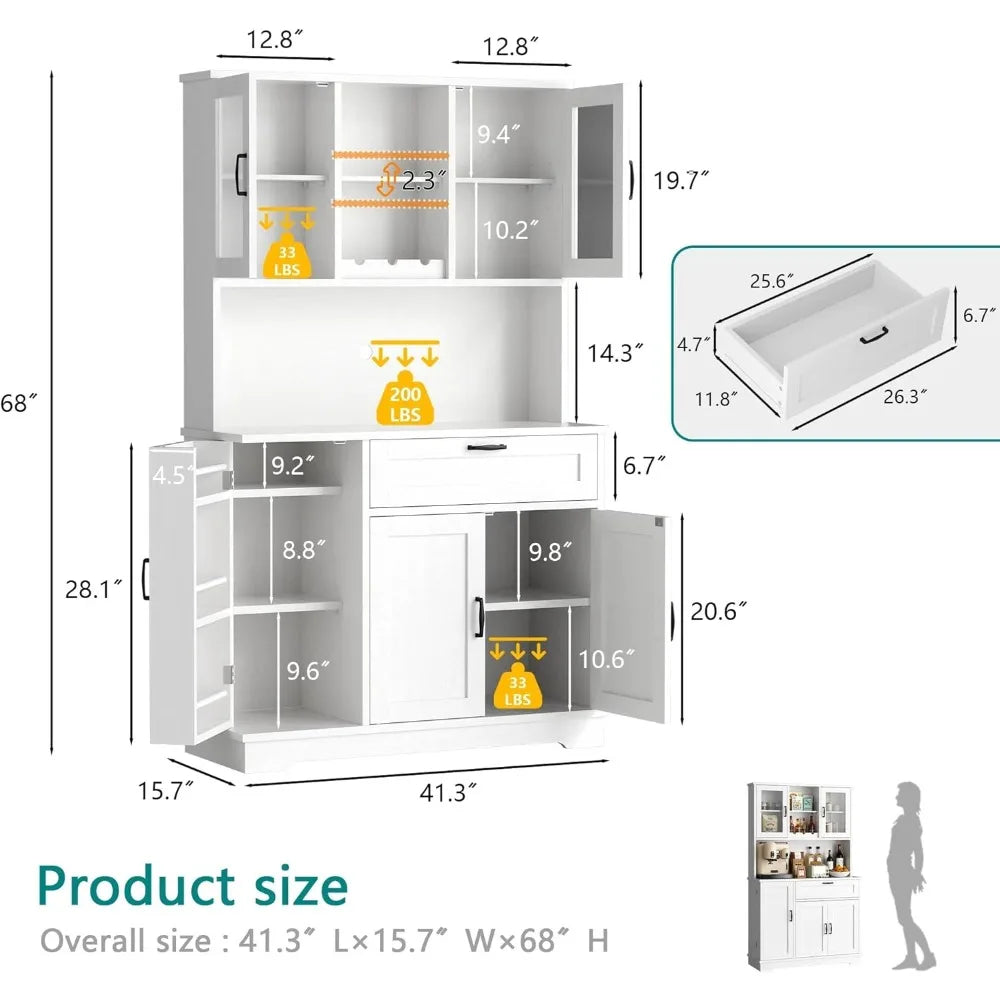 Tall Kitchen Pantry Food Storage Cabinet with Hutch and Microwave Stand Modern Coffee Bar Hutch with Glass Door and Shelves
