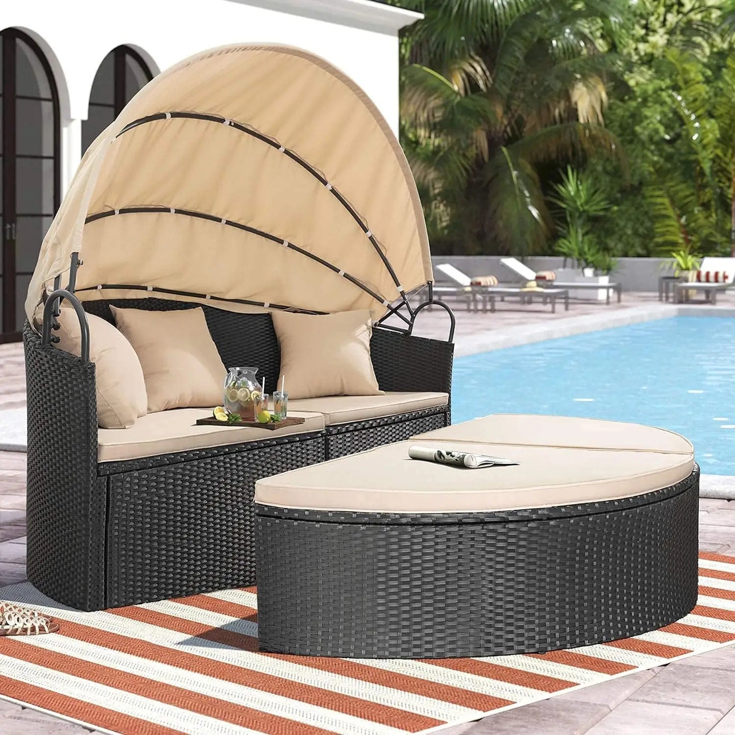 Patio Outdoor Daybed with Retractable Canopy Rattan Wicker Sectional Seating and Washable Cushions for Backyard and Porch