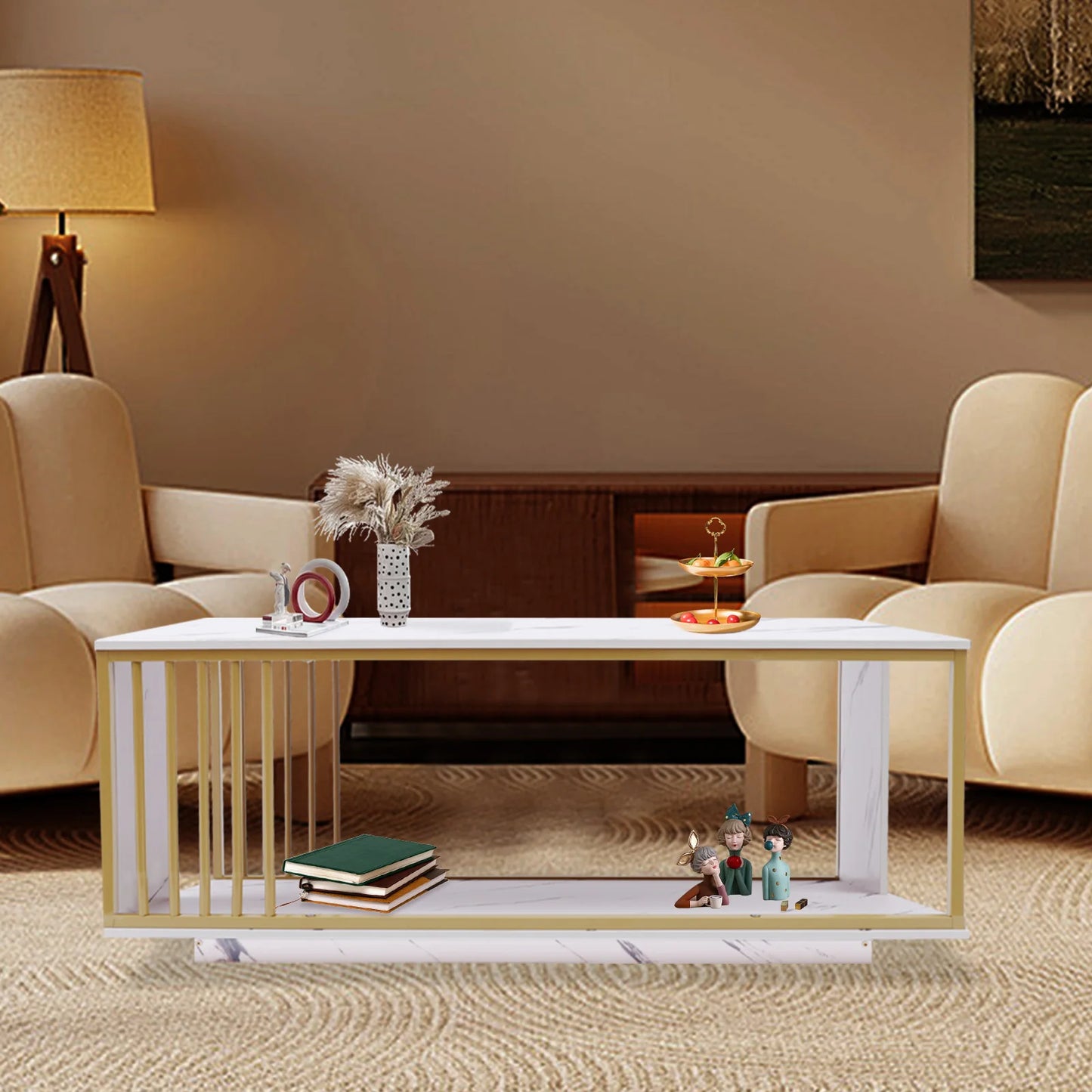 Modern 2 Tier White and Gold Coffee Table High Gloss Marble Veneer Rectangle Living Room Furniture