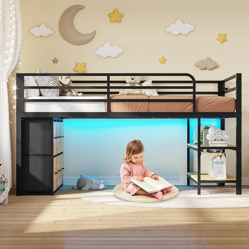 Twin Size Low Loft Bed with 6 Fabric Storage Drawers, Metal Loft Bed Twin with LED Lights & Open Storage Shelves