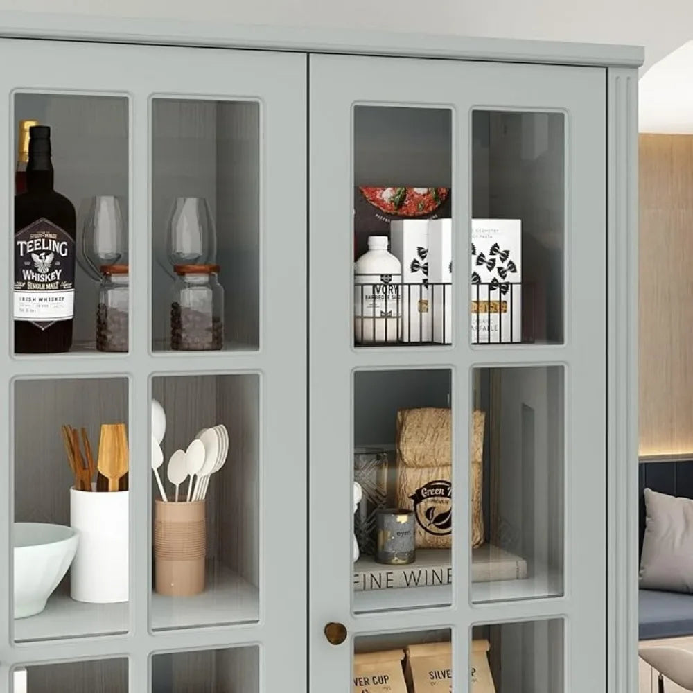 Pantry Cabinet Kitchen Storage Cabinet with Two Drawers and Glass Doors Adjustable Shelves for Kitchen and Pantry Use