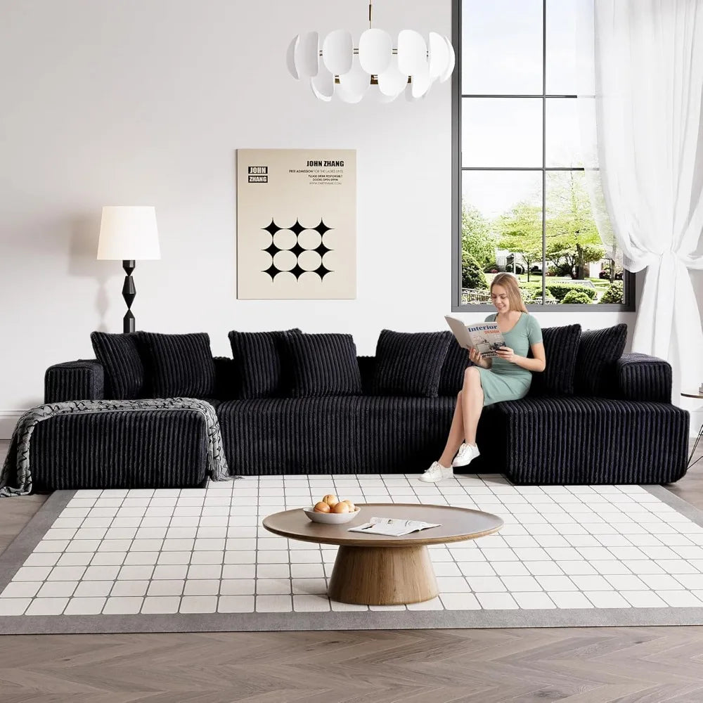 131 Inch Modular Sectional Couch Luxury Black Sectional Couches for Living Room Comfy Corduroy Sofa with Chaise Lounge