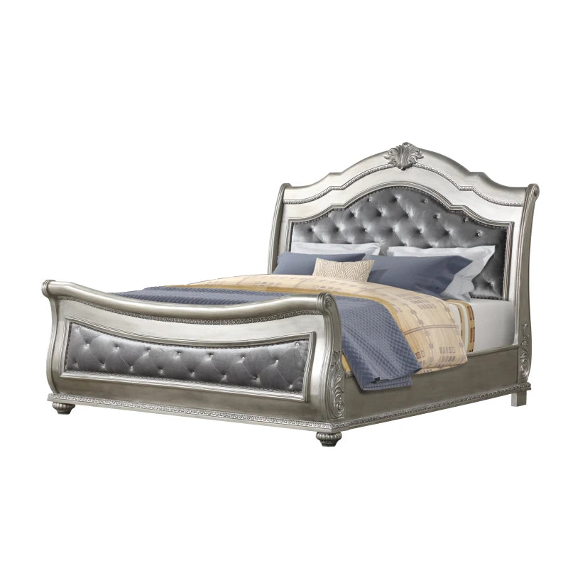 Traditional Style 4 Piece Queen Bedroom Set With Upholstered Crystal Tufted Bed Made With Wood In Silver