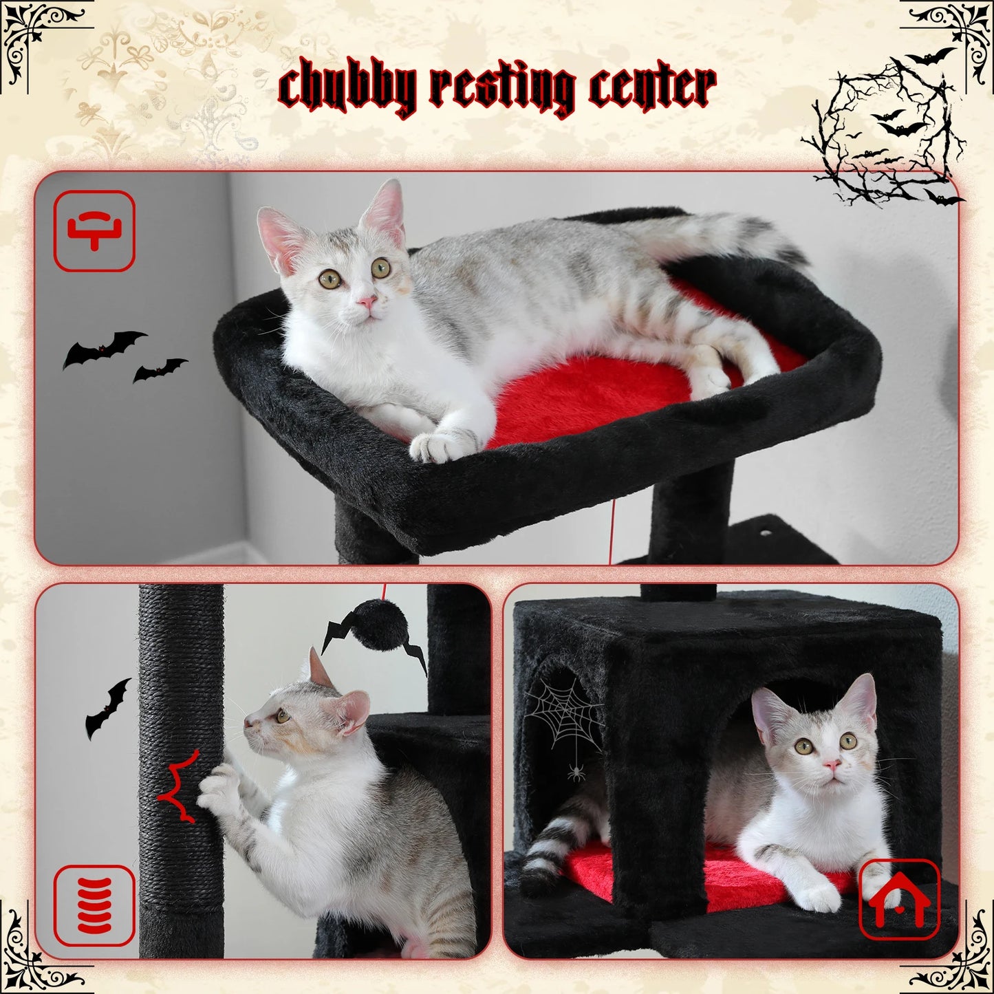 Environment and Cat Friendly Gothic Cat Tree for 2 to 3 Cats with Large Hammock, Sisal Scratch Posts, Cozy Condo and Top Perch