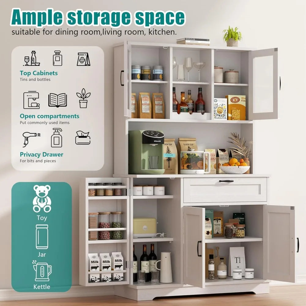 Tall Kitchen Pantry Food Storage Cabinet with Hutch and Microwave Stand Modern Coffee Bar Hutch with Glass Door and Shelves