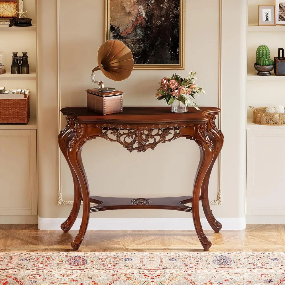 Antique Console Table 38 Inch Victorian Half Moon Sofa Table with Hollow Floral Apron and Cabriole Legs Vintage Traditional Design