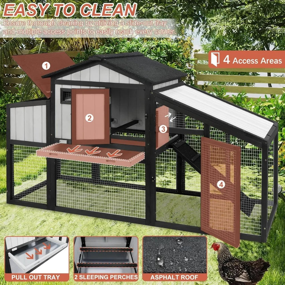 65.3 Inch Chicken Coop and Run Wooden Hen House for 1 to 2 Chickens with Nesting Box Tray and Perches Indoor Outdoor Pet Hutch