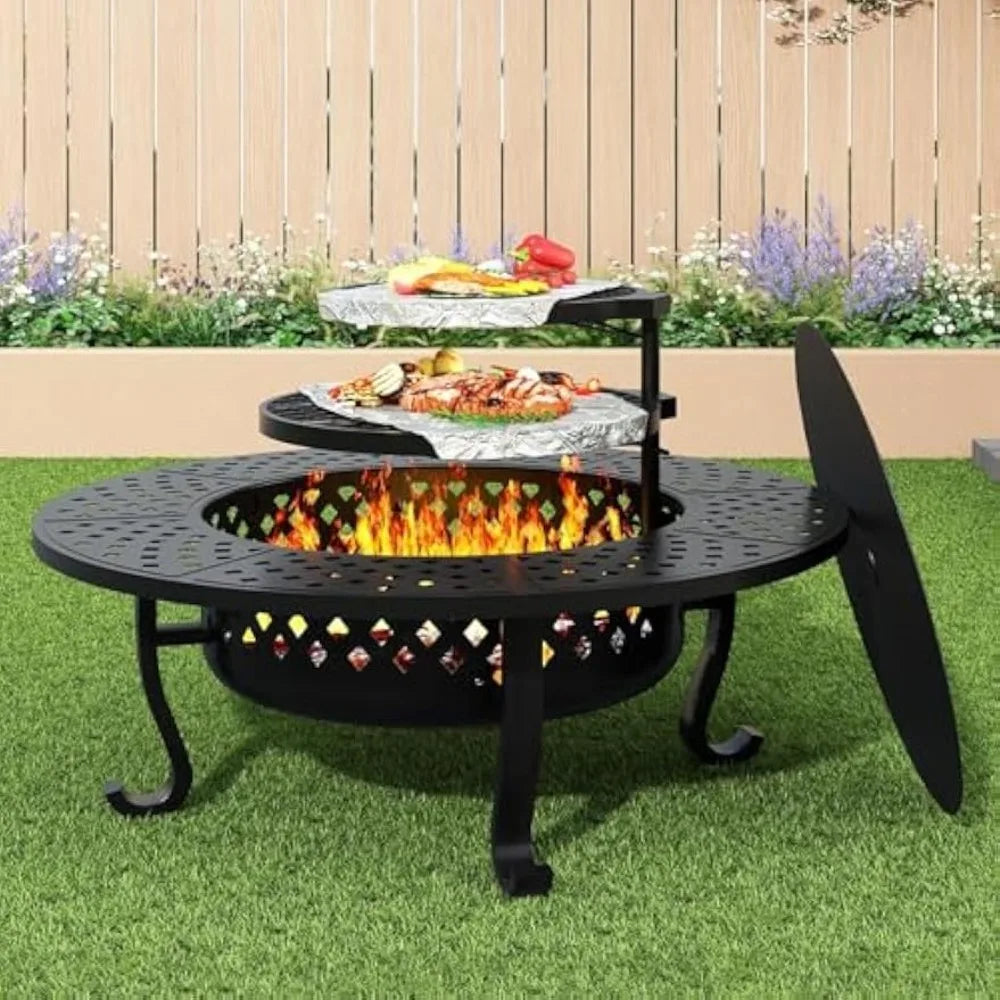 43 Inch Outdoor Wood Burning Fire Pit with 2 Grills Round Metal Table for Backyard Patio Garden