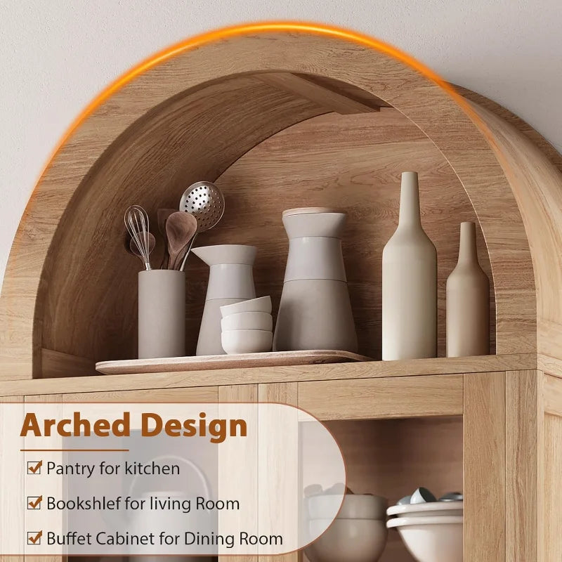 Kitchen Pantry Cabinet Arched Bookshelf Bookcase with Spacious Storage and Drawers