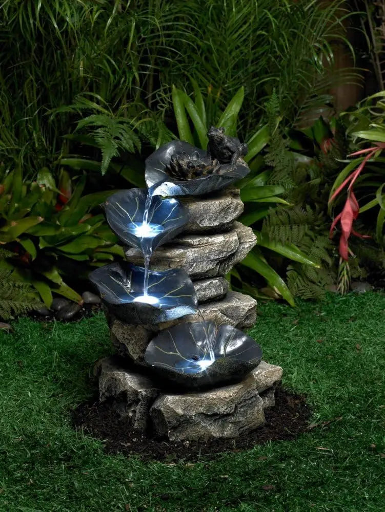 Frog And Four Lily Pad Rustic Outdoor Floor Water Fountain 21 Inch High With LED Light Stacked Rock Cascading Decor For Garden Patio