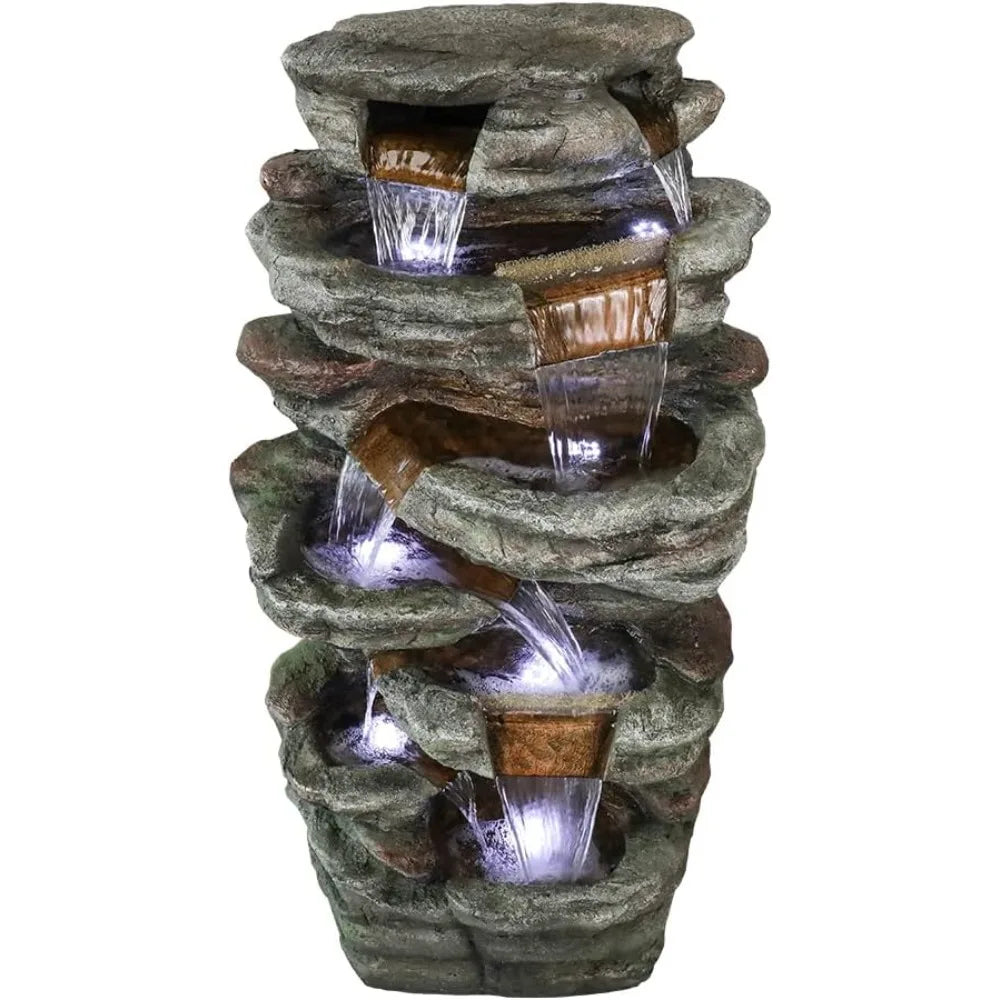 48 Inch High 7 Story Rock Outdoor Fountain with LED Lights for Garden and Home Art Decoration