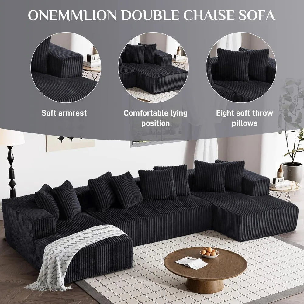 131 Inch Modular Sectional Couch Luxury Black Sectional Couches for Living Room Comfy Corduroy Sofa with Chaise Lounge
