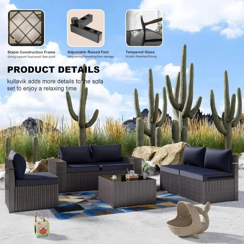 QWQkulavik 6 Piece Outdoor Furniture Set PE Wicker Rattan Sectional Sofa Patio Conversation Sets Navy Blue