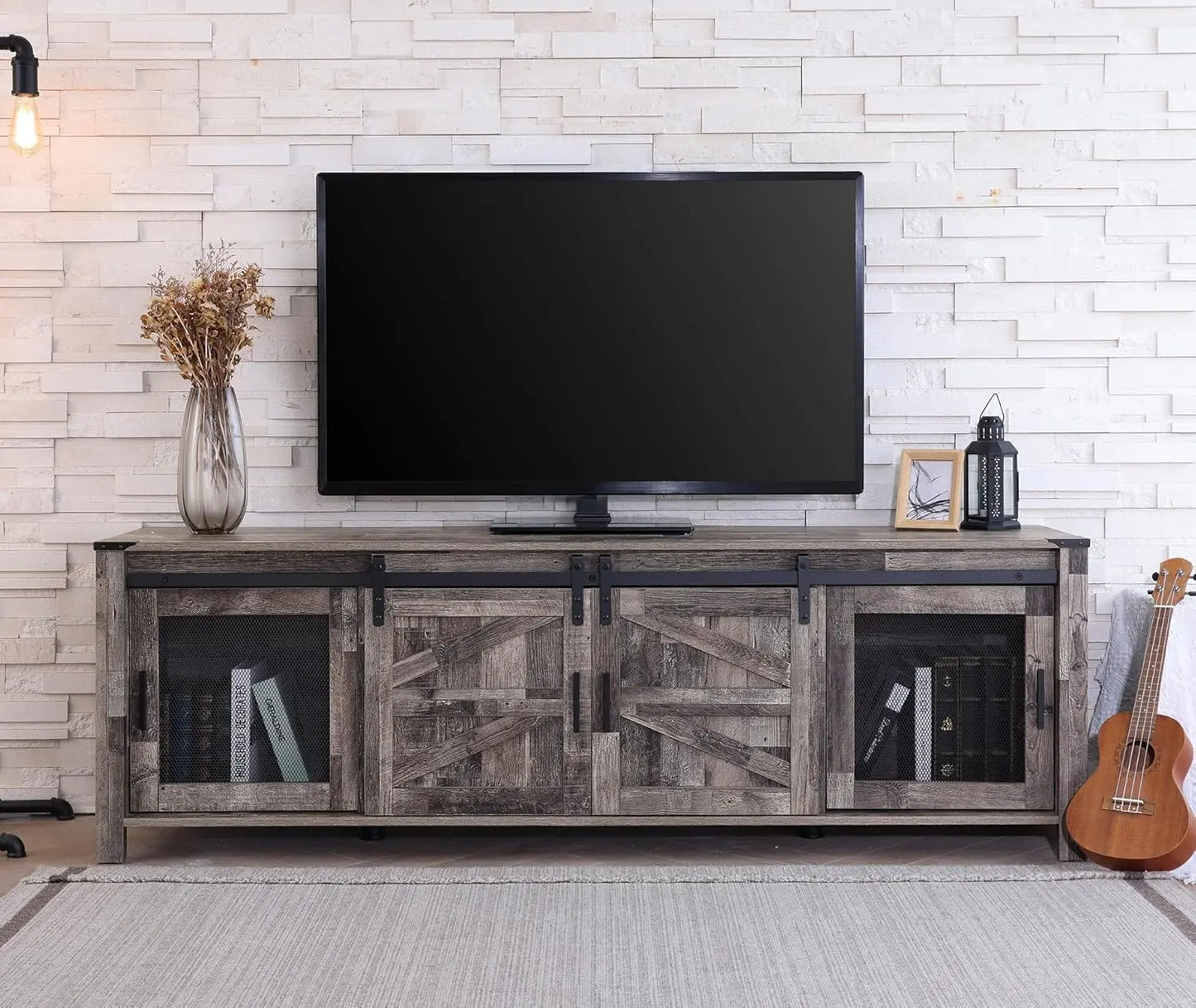 Farmhouse TV Stand for 75 inch TV, 70" Wood Sliding Barn Door Media TV Console Table with Storage Shelf, Entertainment Center