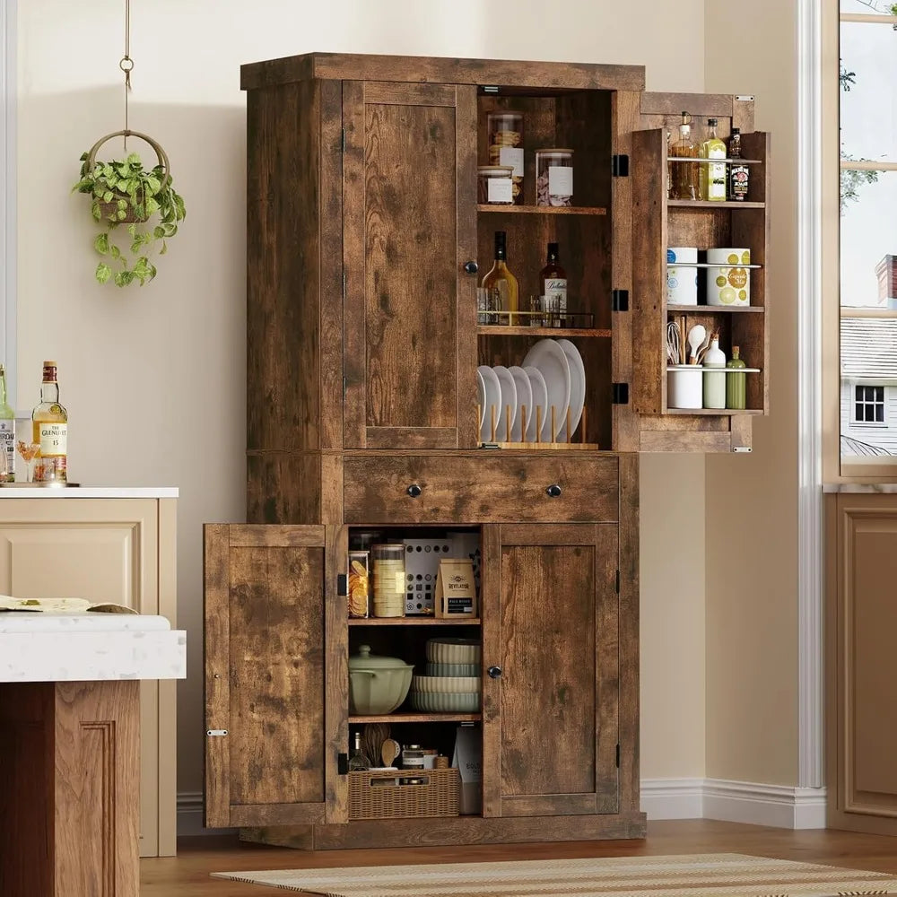 72 Inch Pantry Cabinet with 6 Doors Shelves and 1 Large Drawer Adjustable Kitchen Storage Cabinet