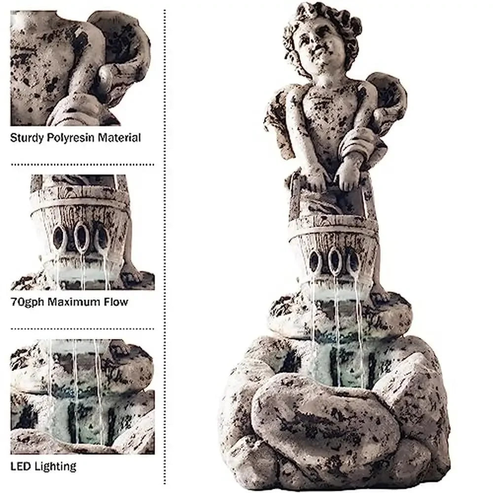 LED Lighted Outdoor Water Fountain Cherub Angel Design Polyresin Garden Decor 10.25 Inch x 15 Inch x 24 Inch