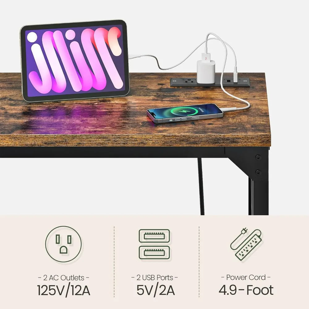 Kitchen Dining Table with Power Outlet and Footrest Industrial Style for Pub Living Room Rustic Brown and Black TBT08UBF